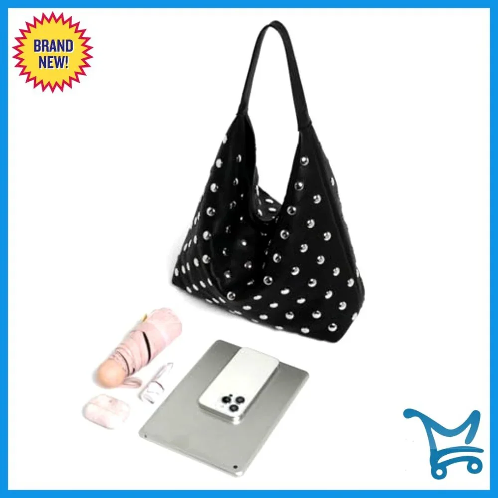 Studded Vegan Leather Hobo Shoulder Bag Tote Purse Large Capacity - Picture 4 of 7